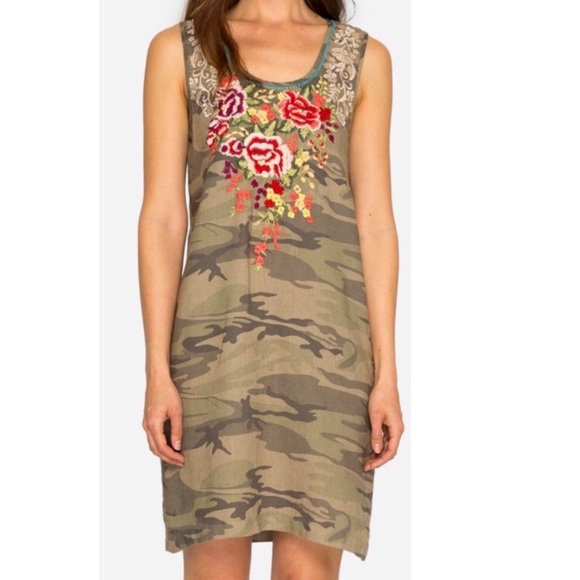 Johnny Was Adeline Embroidered Linen Camo Print Shift Dress w Side Buttons Med. - Picture 16 of 16